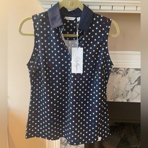 Lady Hagen Sleeveless Golf Tennis Polo Small Navy Americana Open Back Slit Stars